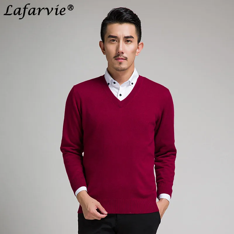 Lafarvie New Slim Knitted Cashmere Wool Sweater Men Tops Pullovers Autumn Winter Warm Casual Solid Color V-Neck Full Sleeve Pull
