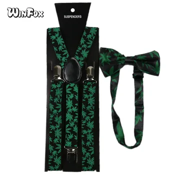 

Winfox Vintage Black Green Suspenders Bow Tie Set Men Women Weed Suspenders Braces Bowtie