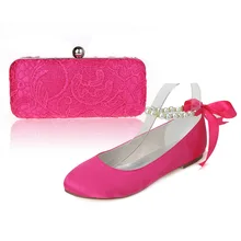 Sweet hotpink satin flats with ankle strap ribbon bridal shoes with matching lace clutch bag handbag evening dress outfit party