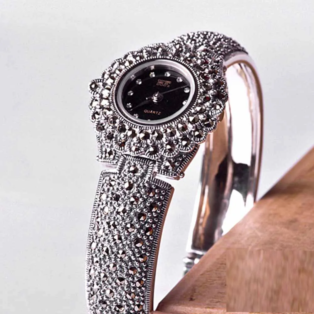 Women Pave Marcasite Black 925 Sterling Silver Retro Wrist Watches Classic Thai Silver Bracelet Hot Sale Real Silver Bangle
