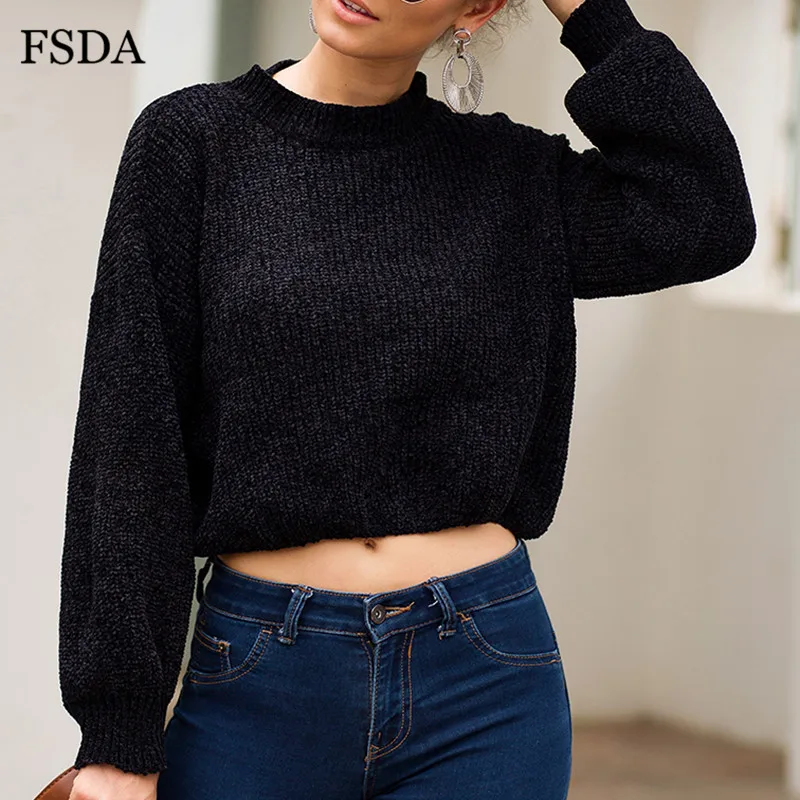 FSDA розовый короткий свободный свитер женский черный белый длинный рукав-фонарик пуловер с круглым вырезом повседневный милый офисный вязаный укороченный свитер - Цвет: Черный