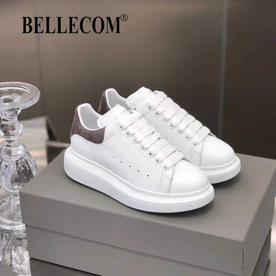 

BELLECOM 2019 Autumn New Women's Small White Shoes Leather Breathable Muffin Shoes Thick-soled Lace Sports Shoes