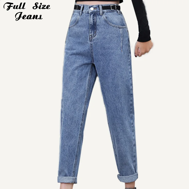 Tanie Plus rozmiar Chi wysoki elastyczny pas szarawary dżinsowe z ozdobny pas 7XL Retro biały niebieski zamek latać luźne spodnie denimowe Capris