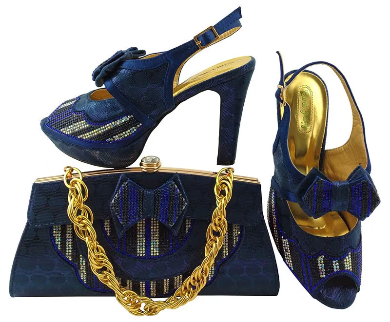 

4.3 inches high heel sandals navy blue women elegant italian design nice 2018 dark blue shoes and bag matching set SB8098-2