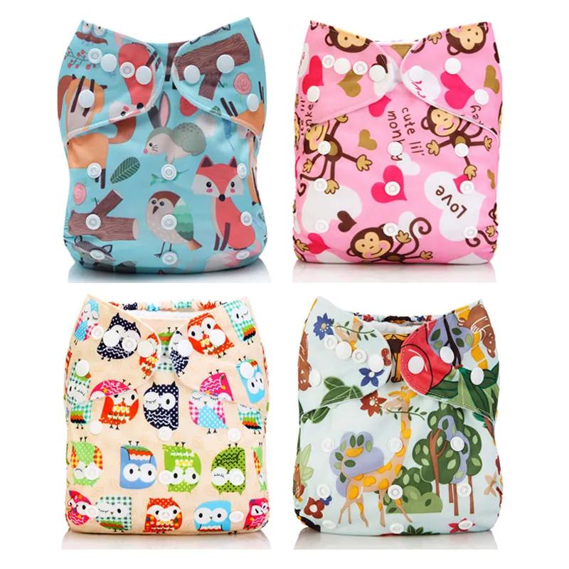 

[Mumsbest] 4Pcs Baby Girl Boy Cloth Diapers Pocket With Microfiber Inserts Washable Nappy Reusable Animal Waterproof Diapers