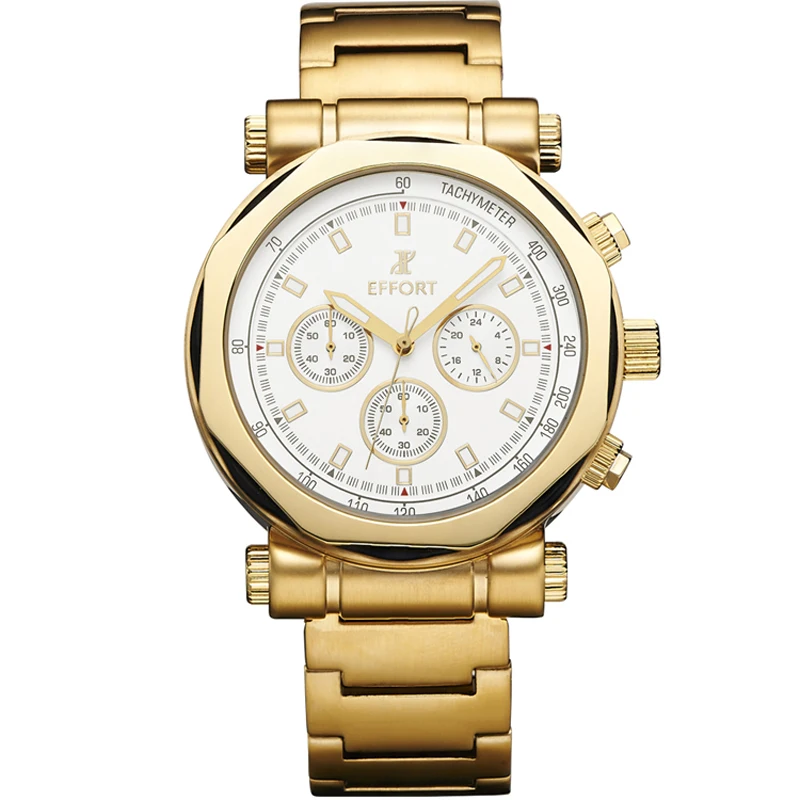 Effort Men Luxury Top Brand 6 Hands Clock Chronograph Gold Big Dial