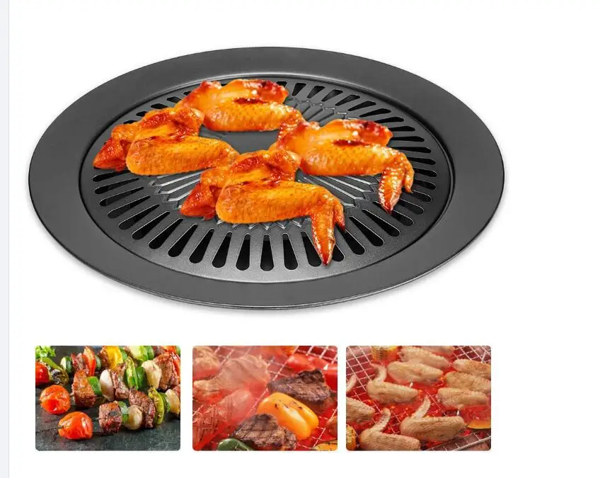 

Korean Outdoor Barbecue Grill Non-Stick BBQ Grills Round Pan Grills Easily Cleaned Carbon Steel Barbecue BBQ Accessories Tools