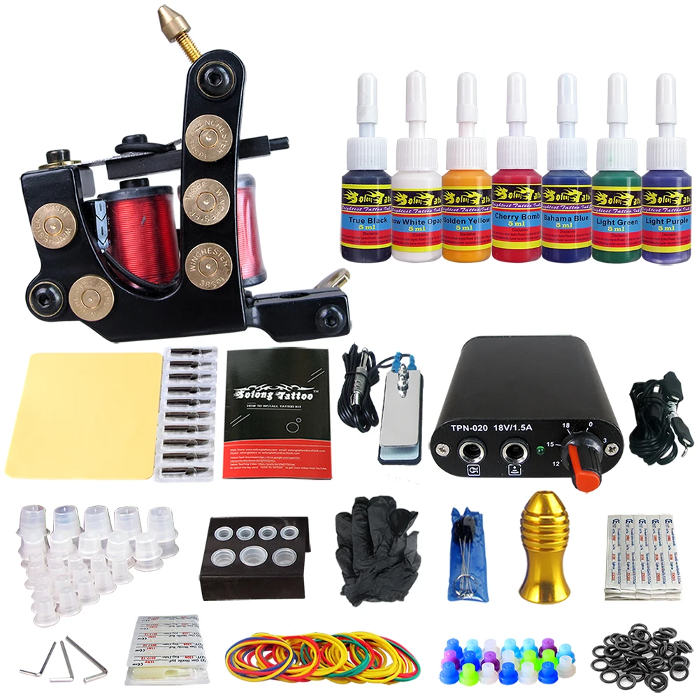 

Complete Tattoo Coil Machine Kit For Liner Shader Power Supply Foot Pedal Needles Grip Tips Tattoo Body&Art TK105-51