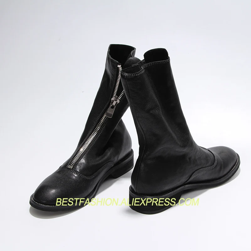 

2018 Hot Spring Autumn Shoes Woman Mid-Calf Front Zip Leather Boots Design Woman Med Heels Round Toe Casual Boots Plus Size Tide