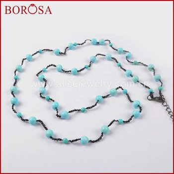 

BOROSA Handmade Round Blue How-lite Stone Bead Chain Necklace for Women,Druzy Howlite Stone Long Necklace Women Jewelry WX570