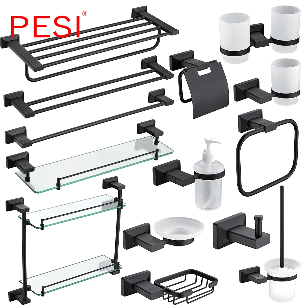 All Brass Bathroom Hardware Set Robe Hook Towel Rail Rack Bar Shelf Paper Holder Toothbrush Holder Bathroom Accessories,Black.