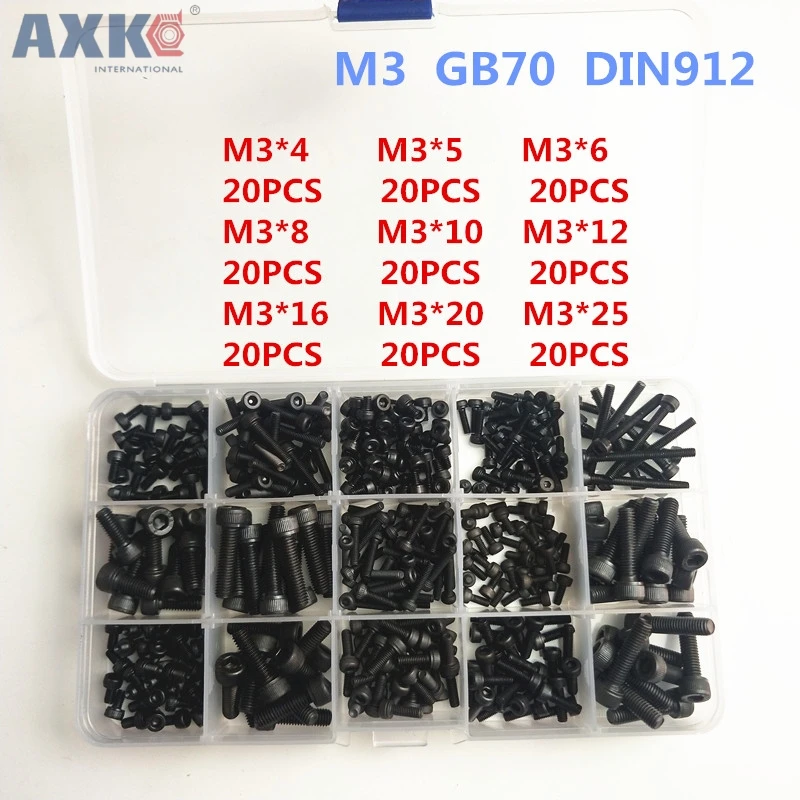 AXK 180pcs/box M3 Screw kits Hex socket head cap screw DIN912 Black