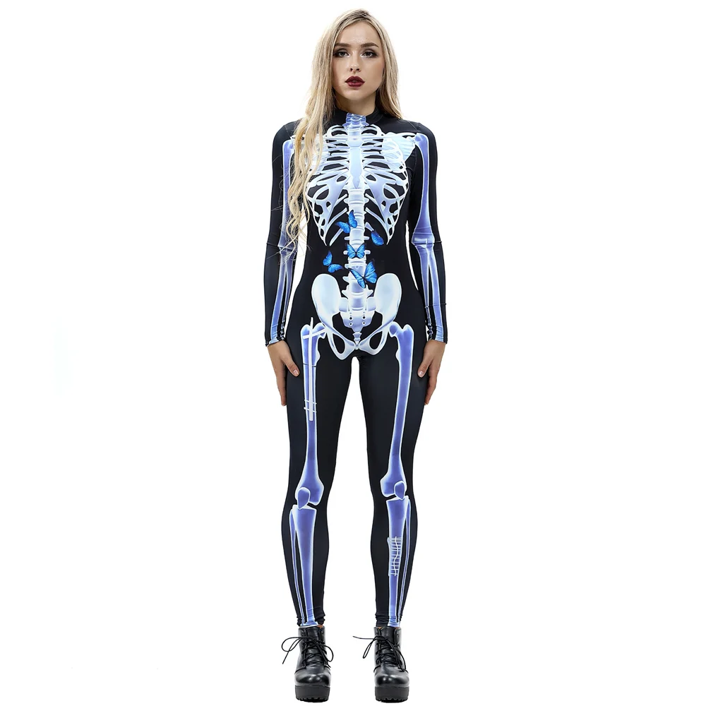 VIP Модные женские Хэллоуин 3D флуоресцентные синие комбинезоны со скелетами страшные костюмы на Хэллоуин для женщин комбинезон с черепами