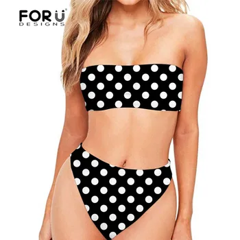 

FORUDESGINS Women Swimsuit Black Polka Dot Printing High Waist Bikini Swimsuit Female Plus Size Sexy Thong Bathing Suit Beach