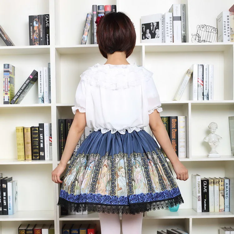 Винтажный стиль короткая юбка в стиле Лолиты Mucha's Horae Goddess печатная повседневная короткая юбка в стиле Лолиты
