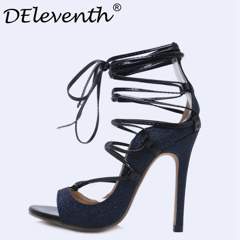

DEleventh Black Colors Peep Toe Strappy Sandals Sexy Retro High Heels Shoes 2018 New Woman Shoes Female Lace Up Ladies Shoes US5