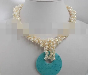 

ddh002942 Charming 3strands Baroque white pearls necklace turquoise pendant