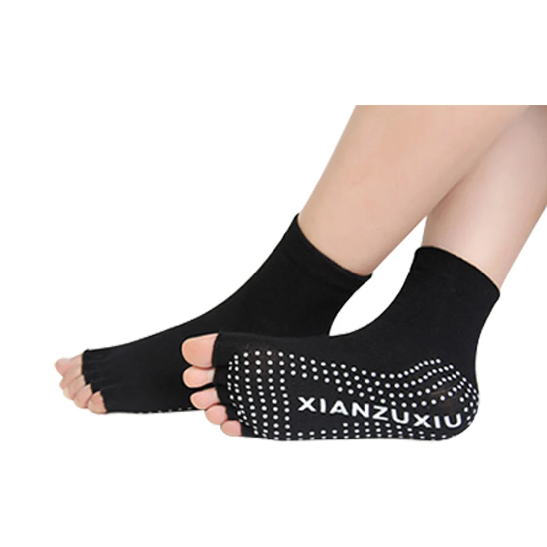 Женские хлопковые носки для йоги с полупальцами Нескользящие нескользящие носки для пилатеса с открытым носком прочные носки для йоги - Цвет: Черный