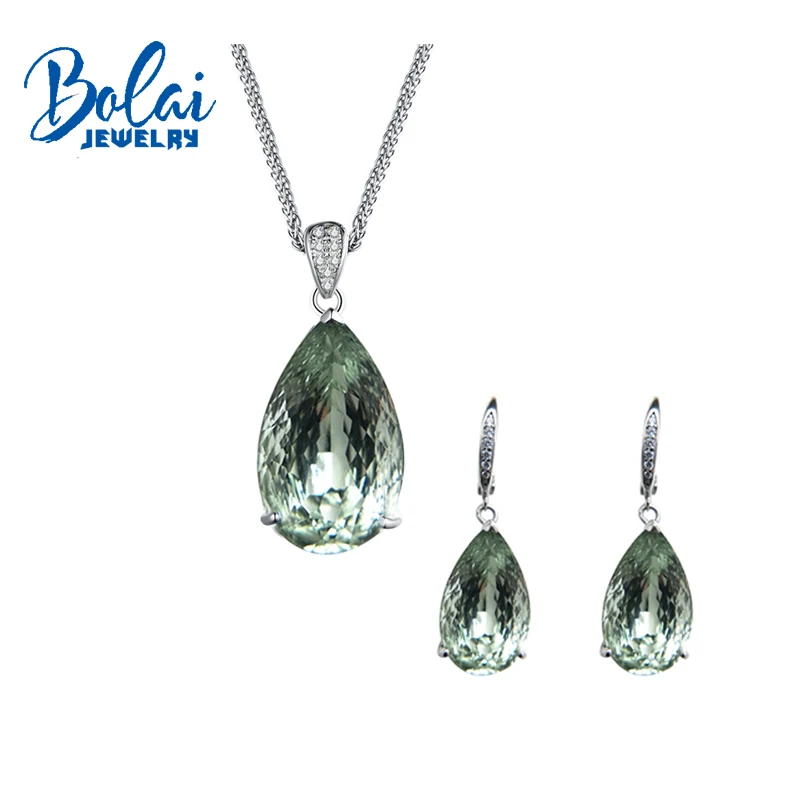 Bolaijewelry натуральным кулон с зеленым аметистом и серьги комплект ювелирных