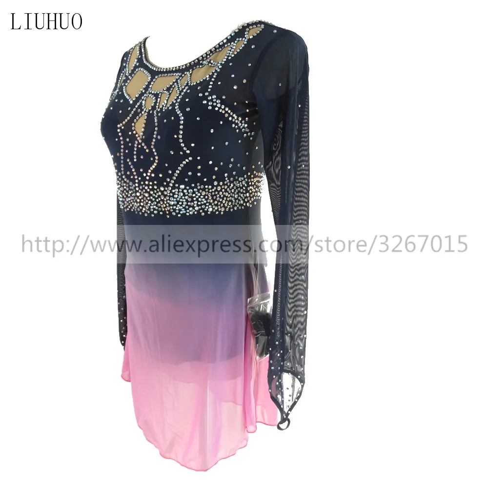  Figure Skating Dress Women's Girls' Ice Skating Dress Roller skating Competition Round neck long sleeve Dark gray light pink 