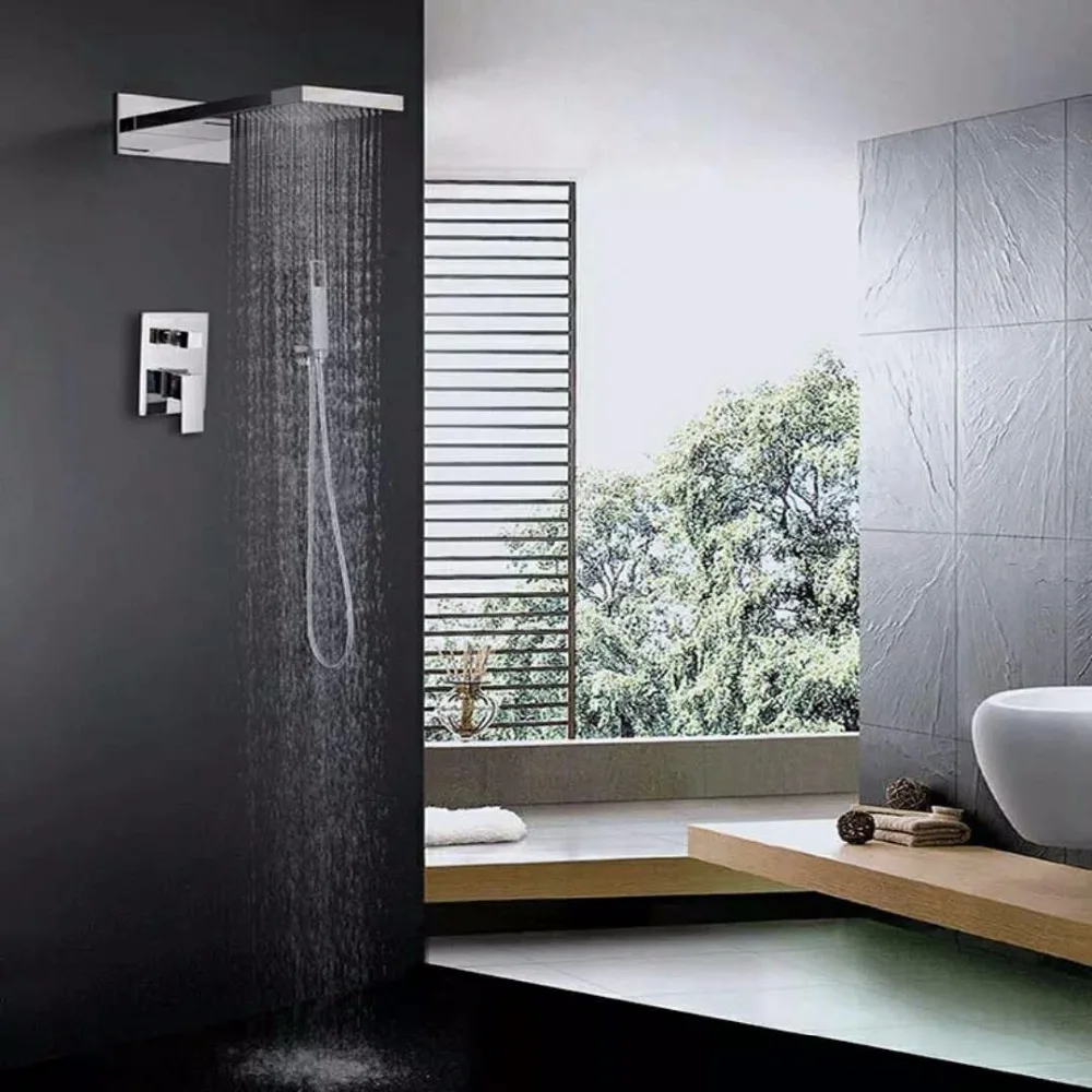 Водопад в стене латунный квадратный встроенный дождевой Душ Набор кран для ванной комнаты