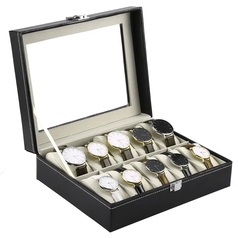 

10 Slots Watch box PU Leather watch Display Jewelry bracelet Storage holder box Case Black watch Casket box Caja de watch