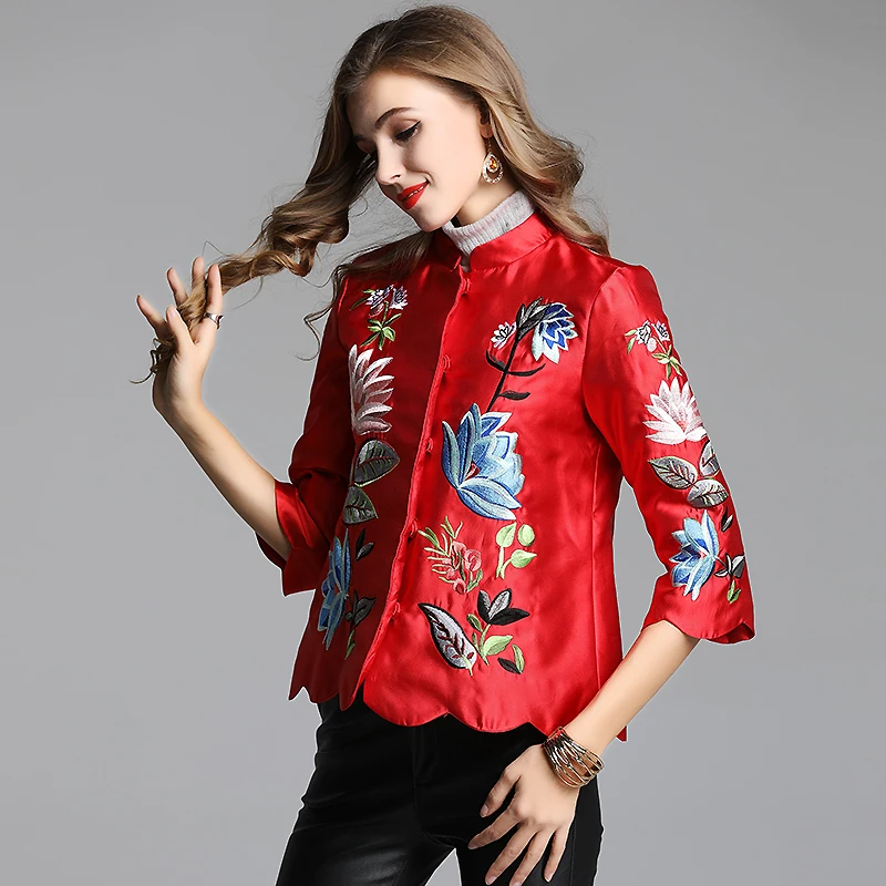 Haute Vintage Brodé Royal Automne Veste Manches Casual 3 Femmes Floral Femme fin rouge Tops xxl Baseball Lady 4 Vert S Manteau Court nBxItq8w5