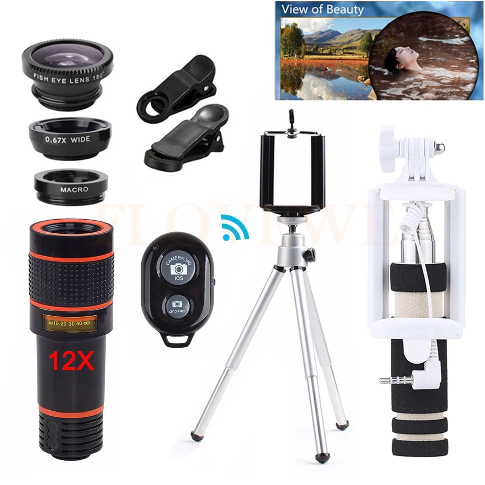 2017 Mobile Phone lens Kit 12X Telephoto Zoom Lentes Telescope Fisheye Wide Angle Macro Lenses Microscope For iPhone 6 6s 7 8