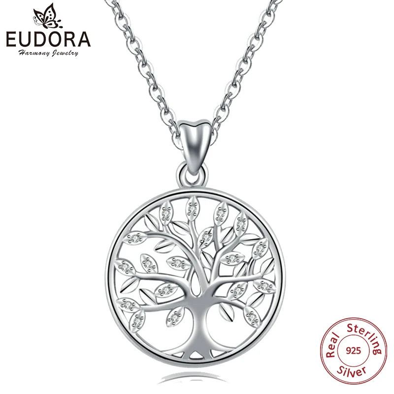 Koop EUDORA 100% 925 Sterling Silver Tree of life Hanger Halskettingen met AAA Zirkoon Vrouwen Mode sieraden Gift Voor meisje Verjaardag d170