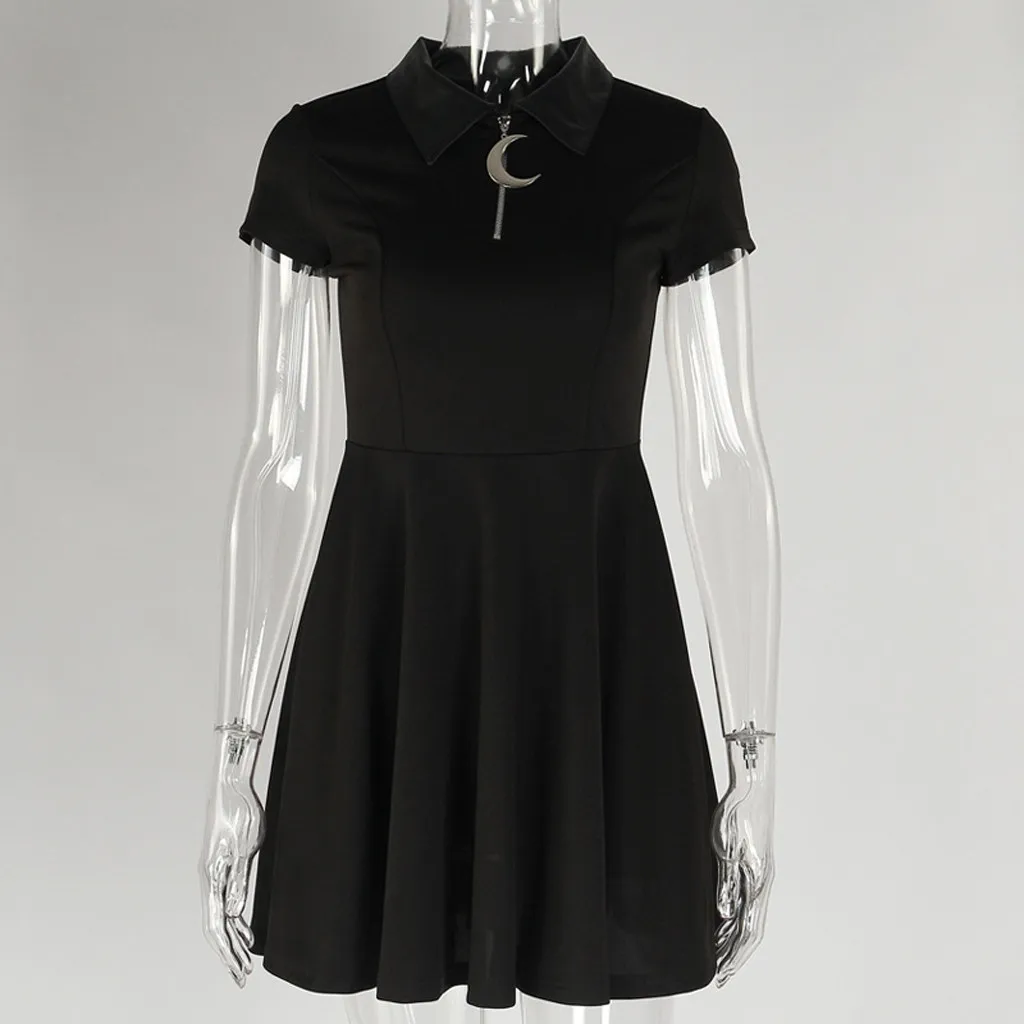 Готические мини-платья женские черные уличные панковские на молнии летние консервативные стильные женские готические плиссированные повседневные платья-рубашки Elbise BB4
