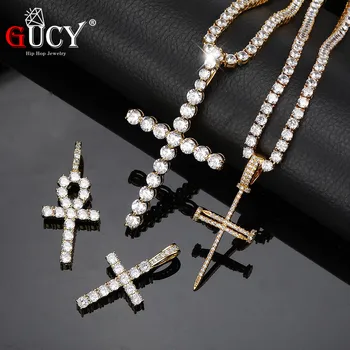 

GUCY Hip Hop Solid Back Ankh Cross Pendant Necklace Micro Pave AAA+ Cubic Zirconia Stones Egyptian Necklace For Gift