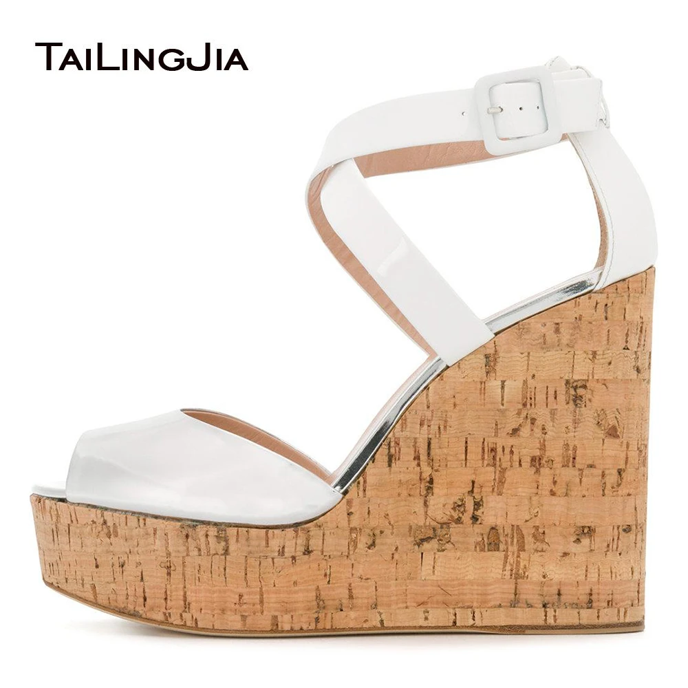 white cork wedge heels