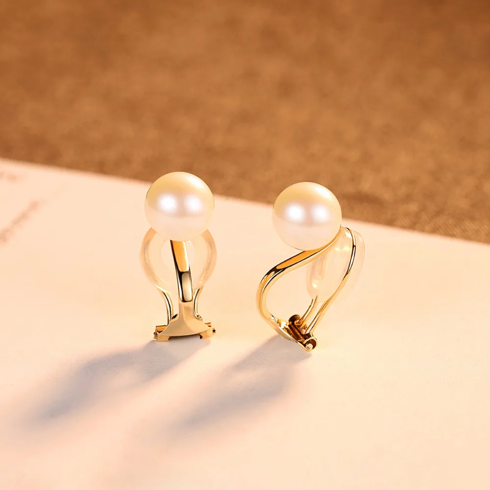 PAG & MAG Fashion élégant 7-8mm naturel rond perle Clip boucles d'oreilles pour les femmes véritable 18 K or jaune sans oreille Clip bijoux Au750 - 5