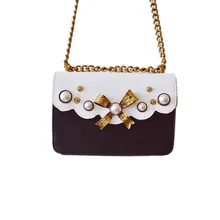 2016 Korean Famous Designer Bowknot Crossbody Bags/ PU Leather Women Rivet Pearl Messenger Bags/ Female Chain Flap Shoulder Bag