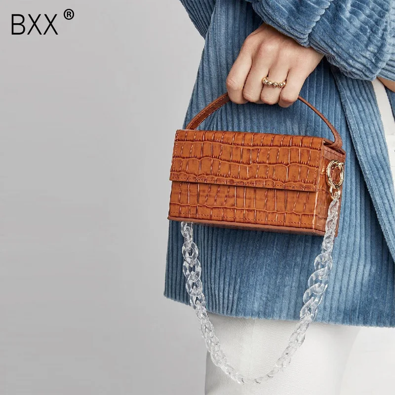 

[BXX] 2020 New Woman Brown Color Fashion Transparent Chain Temperament Box Shape Crocodile Grain Handbag Messenger Bag LM735