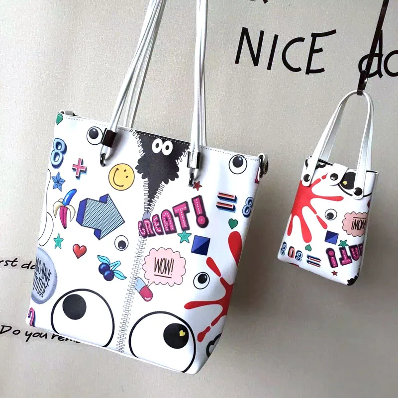 

Korean Harajuku Funny Cartoon Printing Graffiti Women Handbag 2 Pieces Composite Totes Shoulder Bags