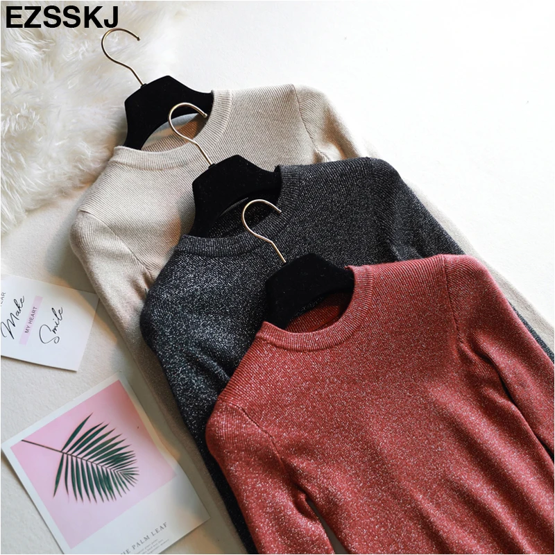 shiny lurex autumn winter sweater women long sleeve pullover basic 2019 korean glitter knit top female | Женская одежда