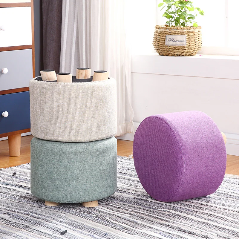 

24 Color Small Stool Wooden Ottomans with Linen Cotton Cover Dining Benches Home Work Furniture Sofa Animal Round armchair