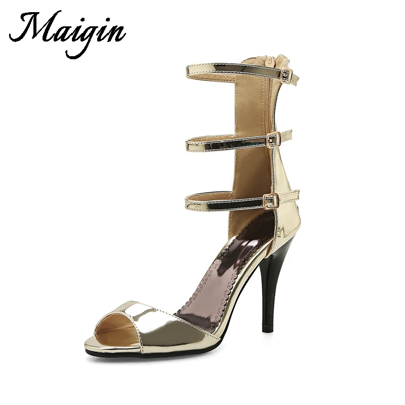 Maigin 2018 New Summer Shoes Bling Gold Gladiator Sandals Women Peep Toe High Heels Ladies Sandals Buckle Strap Women Footwear