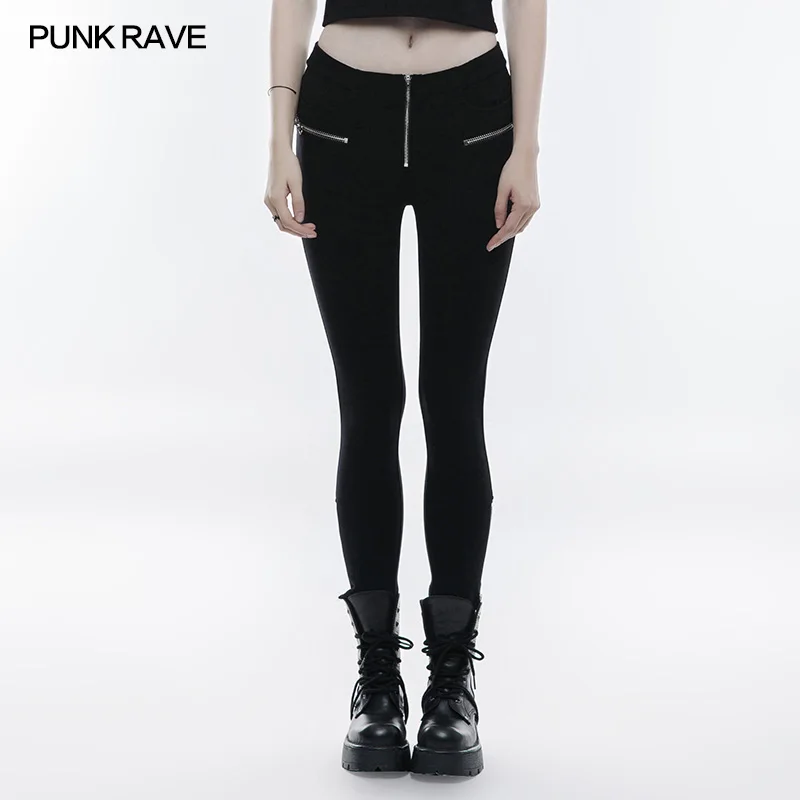 

PUNK RAVE Women Fashion Casual Stretchy Pants Gothic Steampunk Sexy Zipper Ankle-length Slim Fit Pants