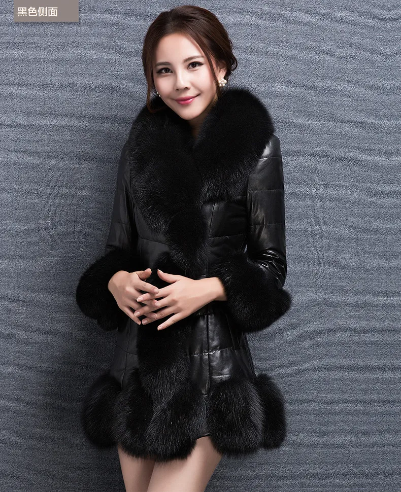 new high quality women's! fur coat fox fur collar sheep skin fox long coat winter coat women's plus size S-4XL