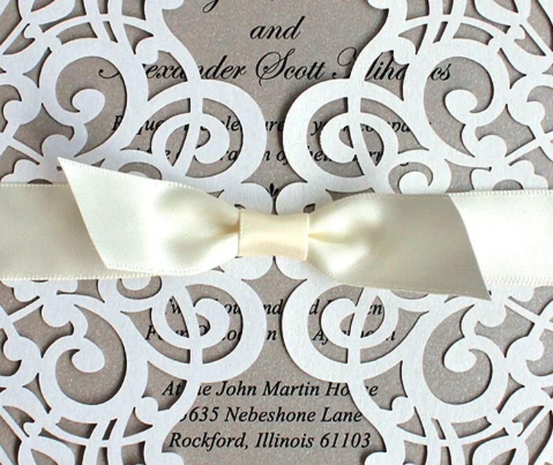  White Wedding Invitations Cards with Ribbon Bows - Set of 50 - 32721078233