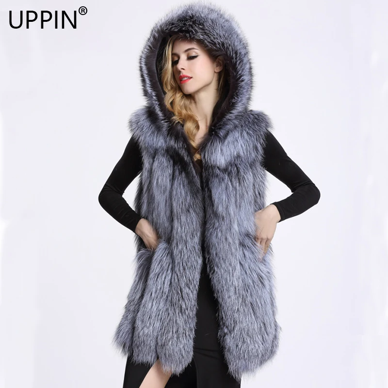 

UPPIN 2018 New Fur Vest Imitation Silver Fox Fur Coat Hooded Vest Vertical Stripe Medium-long Large Size Women Faux Fur Jacket