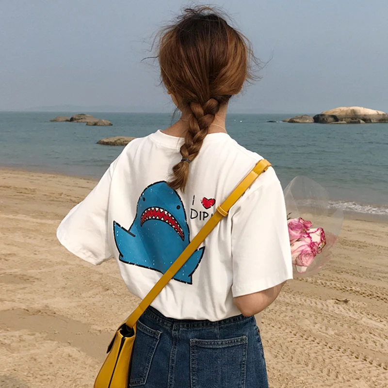 Summer Women's Clothing Korean Loose Thin Short Sleeve Shark Print T-shirts Student Cartoon Printing Wild Body Female T-shirt | Женская