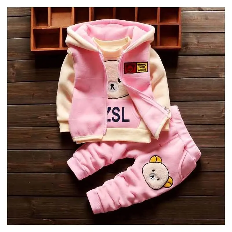 Bibicola зима комплект одежды для девочек модная одежда для маленьких девочек зимнее флисовое пальто с героями мультфильмов и футболка брюки 3 шт. Детские комплекты - Цвет: Розовый