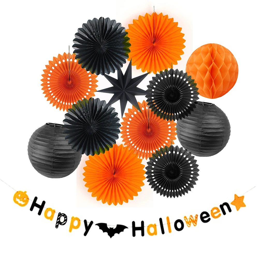 

13pcs Halloween Decoration Kit Party Banner Cut-out Paper Fans Lanterns Honeycomb Balls for Party Birthday Stage Setting Decor