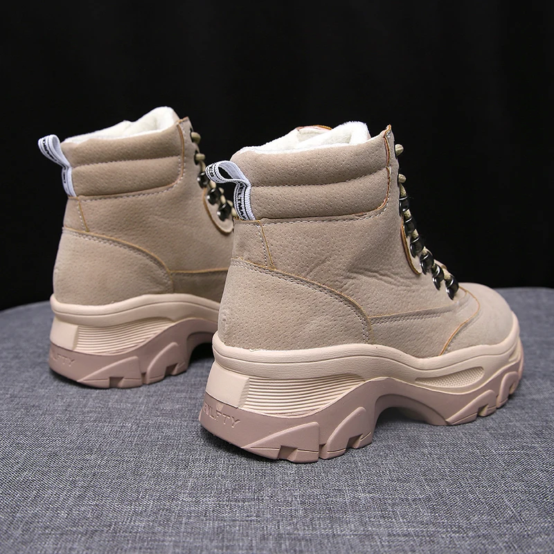 

Female Martens Boots Beige Black Platform Boots Comfortable Womens Winter Fur Casual Boots Lace Up Ladies Thick Sole Shoes