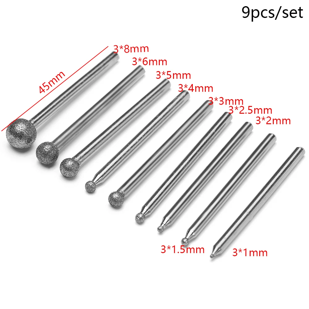 9 шт./компл., на возраст от 1 года до 8 лет мм Алмазный помол игла режущая головка нефрита инструменты для вырезания лазерной гравировки поворотный сферические инструмент для снятия заусенцев 3 мм хвостовик круглый шар