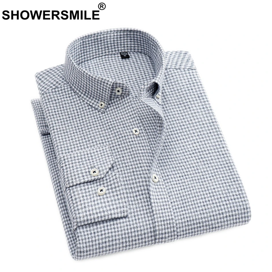 

SHOWERSMILE Dress Shirts For Men Plaid Cotton Thick Warm Social Shirt Gray Male Autumn Winter Business Casual Shirts 3XL 4XL