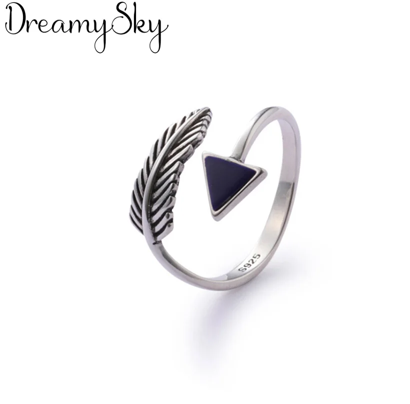 

Romantic Style New Luxury 925 Sterling Silver Feather Triangle Rings For Women Wedding Retro Adjustable Size Ring Party Gifts